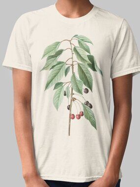 Wild Cherry Vintage Botanical Print Short Sleeve Graphic Tee T-shirt S-XXL